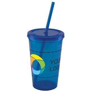 Large plastic cup with lid and straw and red and green circles