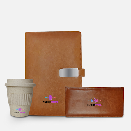 IN NVHP V2 > Product Tile >Hamper with Brown Diary, Bamboo Fiber Flask, Brown Lether Stationary Set>Img