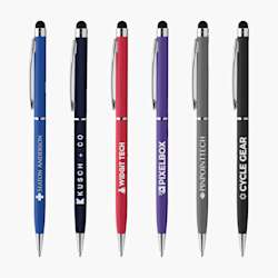 Caneta Minnelli Soft-Touch Stylus com acção rotativa, tinta preta e impressão completa a cores.