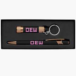 Conjunto de oferta de caneta stylus em rosa dourado e lanterna – tinta azul