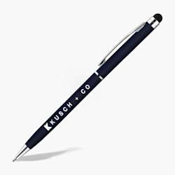 Caneta Minnelli Soft-Touch Stylus com acção rotativa, tinta preta e impressão completa a cores.