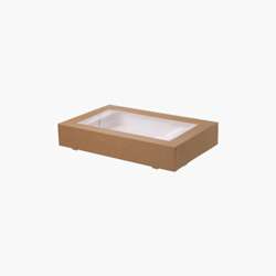 Caixa de catering com janela em plástico – 360 x 250 x 80 mm – Castanho – 100 uni.