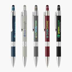 Caneta stylus em alumínio reciclado com acabamento cromado.