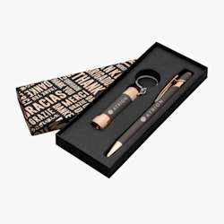 Conjunto de oferta com caneta de tinta azul e caixa de agradecimento
