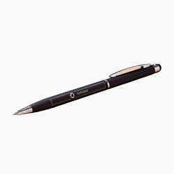 Caneta Minnelli Soft-Touch Stylus com acção rotativa, tinta preta e impressão completa a cores.
