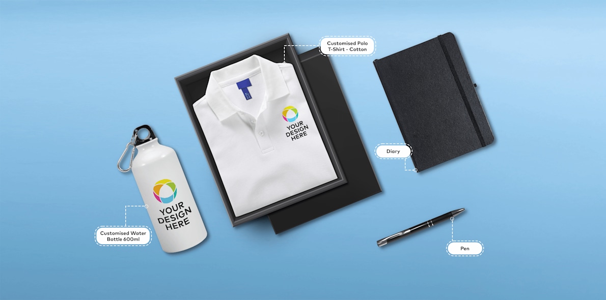 Larger version: Employee Welcome Kit (Polo T-Shirt, Water Bottle, Dairy, Pen) 