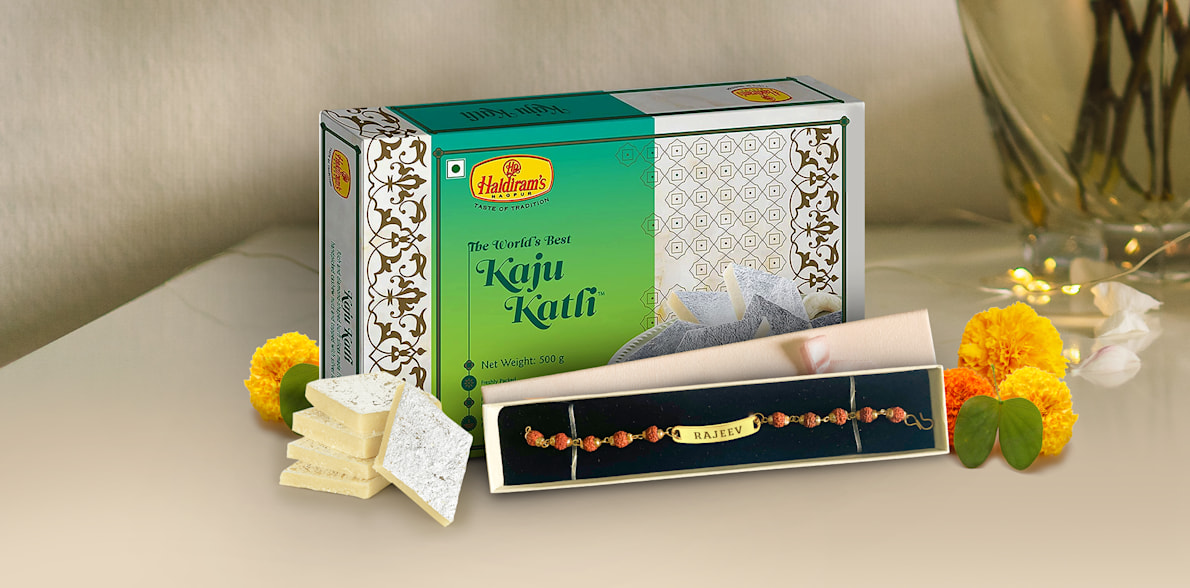 Larger version: Personalised Rakhi with Kaju Katli > Hero img2