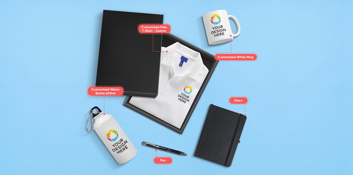 Larger version: Employee Welcome Kit (Polo T-Shirt, Water Bottle, Coffee Mug, Dairy, Pen)