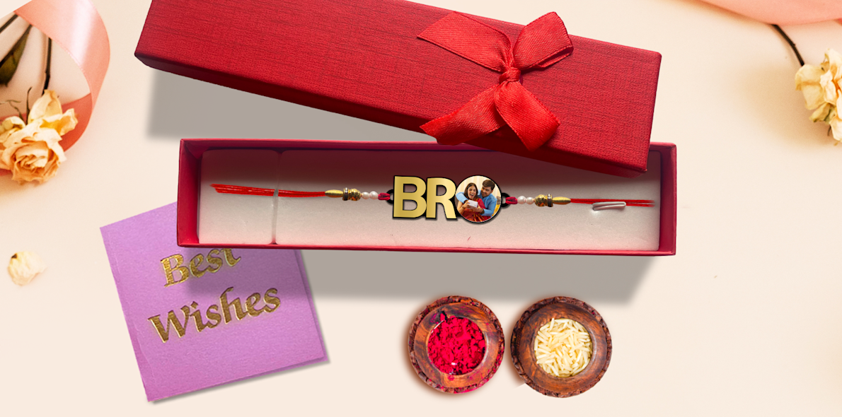 Personalised Golden Acrylic Bro Photo Rakhi > Hero img3
