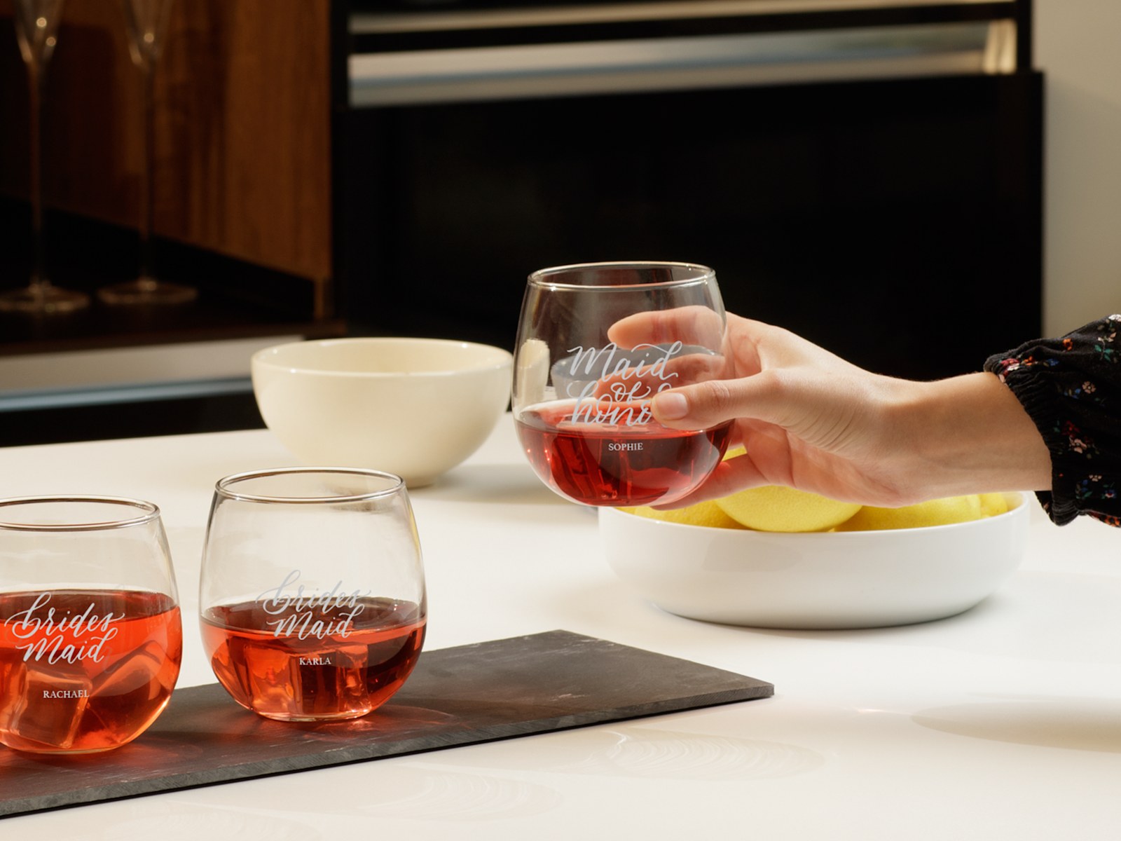 Larger version: Stemless wine glasses, personalised for a bridal party.