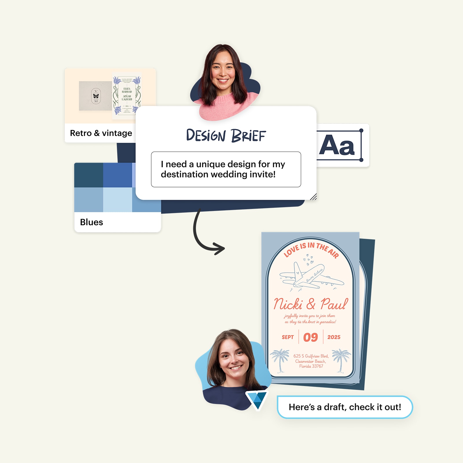 A design process for a wedding invitation. A bride is shown with a "Design Brief" that says, "I need a unique design for my destination wedding!" Below, a designer presents a draft of a wedding invitation.