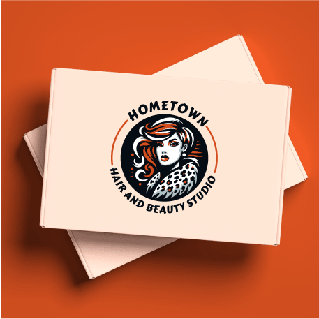 Stylized logo of a woman with flowing hair in black, white, and orange colors. Text reads "Hometown Hair and Beauty Studio." Background is a stack of light beige cards.