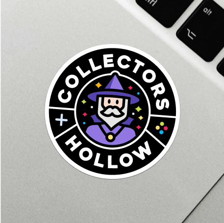 Sticker of a wizard with a hat and beard in a circular design labeled "Collectors Hollow" placed on a laptop.