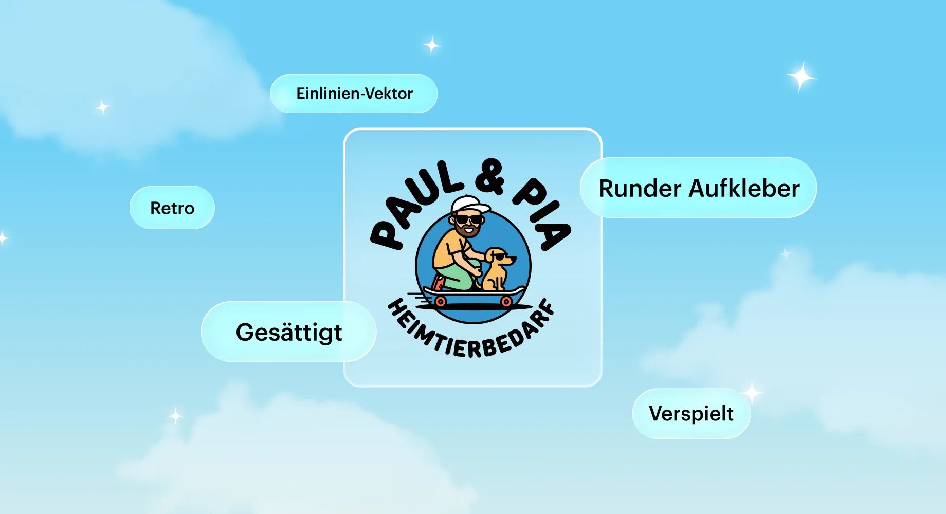 KI-generiertes Logo einer Tierhandlung mit verschiedenen Stil-Attributen wie „retro“, „verspielt“, „gesättigt“ und „Mono-Line-Vektor“, um die smarte Logo-Generierung zu veranschaulichen.