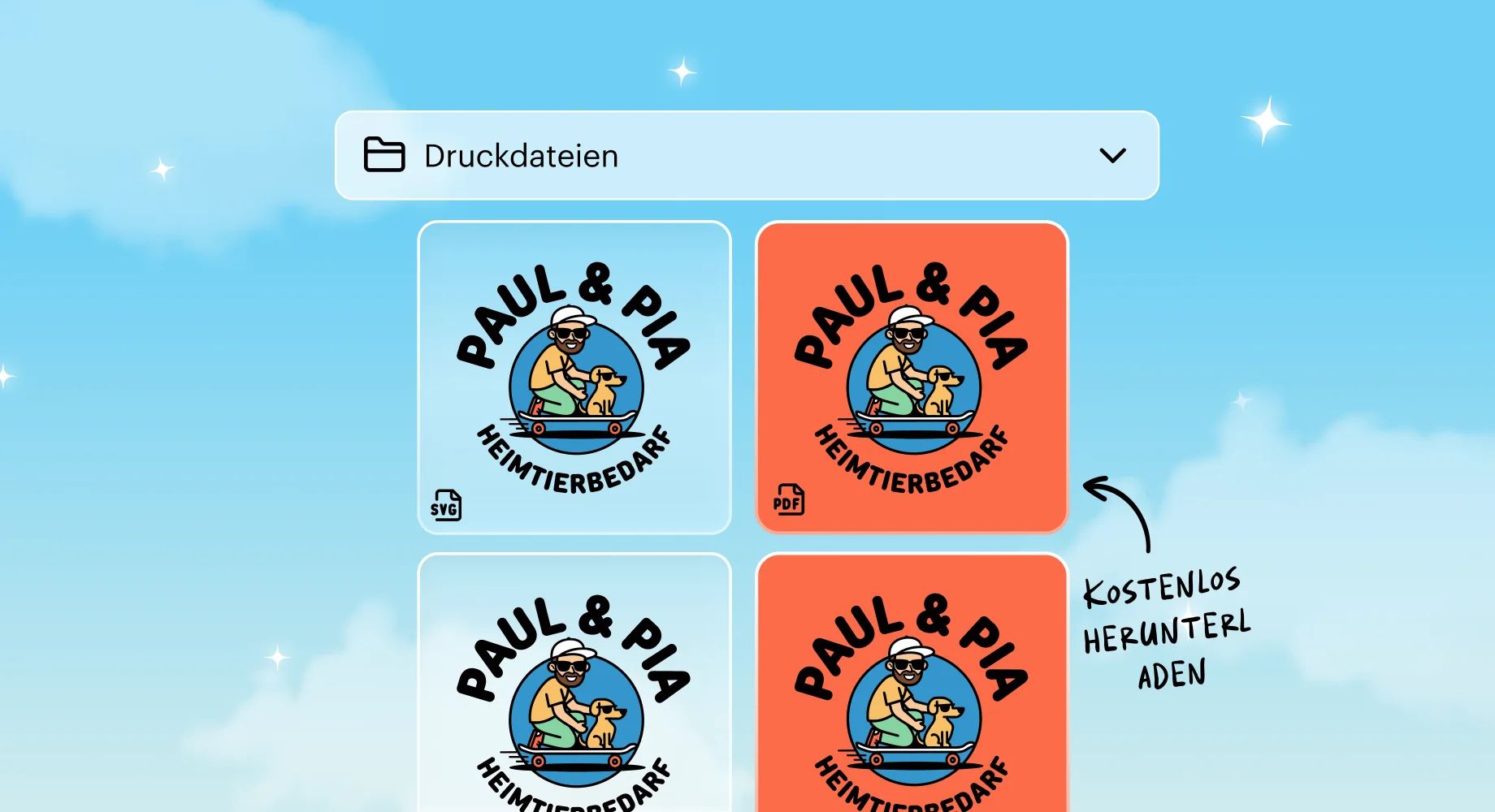 Mehrere Logo-Versionen für eine Tierhandlung, angezeigt als Druckvorschau des kostenlosen Logo-Downloads in verschiedenen Formaten.