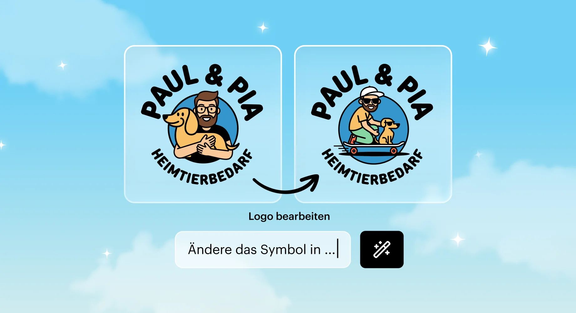 Zwei gegenübergestellte Logo-Versionen für eine Tierhandlung, die zeigen, wie leicht Nutzerinnen und Nutzer Ihre Logo-Symbole ändern und optimieren können.