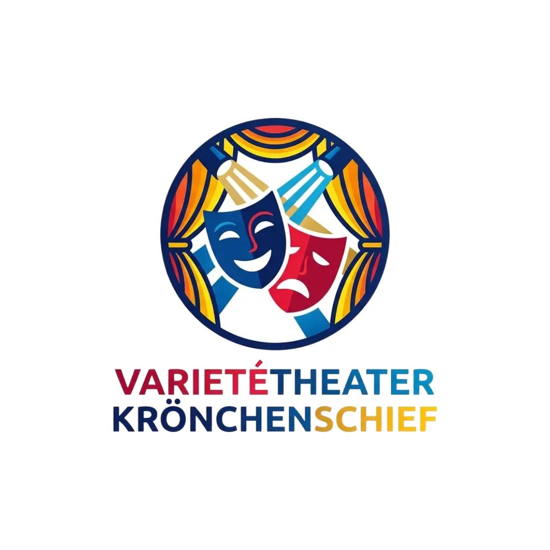 Logo mit Theatermasken und Vorhang, lebendig inszeniert und klar an Bühnenkunst angelehnt.