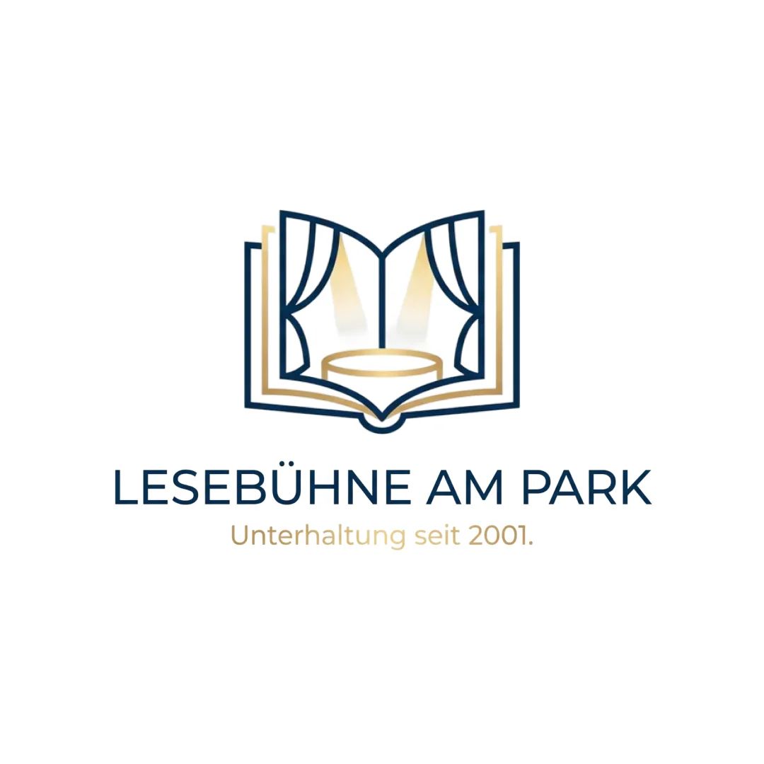 Logo mit offenem Buch und Bühnenvorhang, verbindet Lesen, Bühne und kulturelle Unterhaltung.