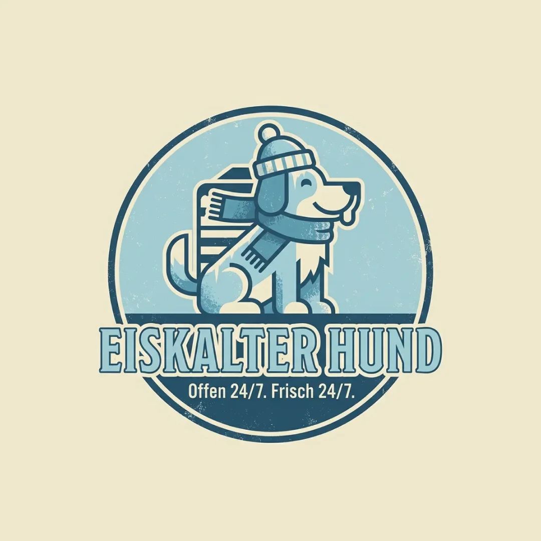 Rundes Logo mit einem Hund im Winterlook, freundlich illustriert und klar auf frische Snacks ausgelegt.