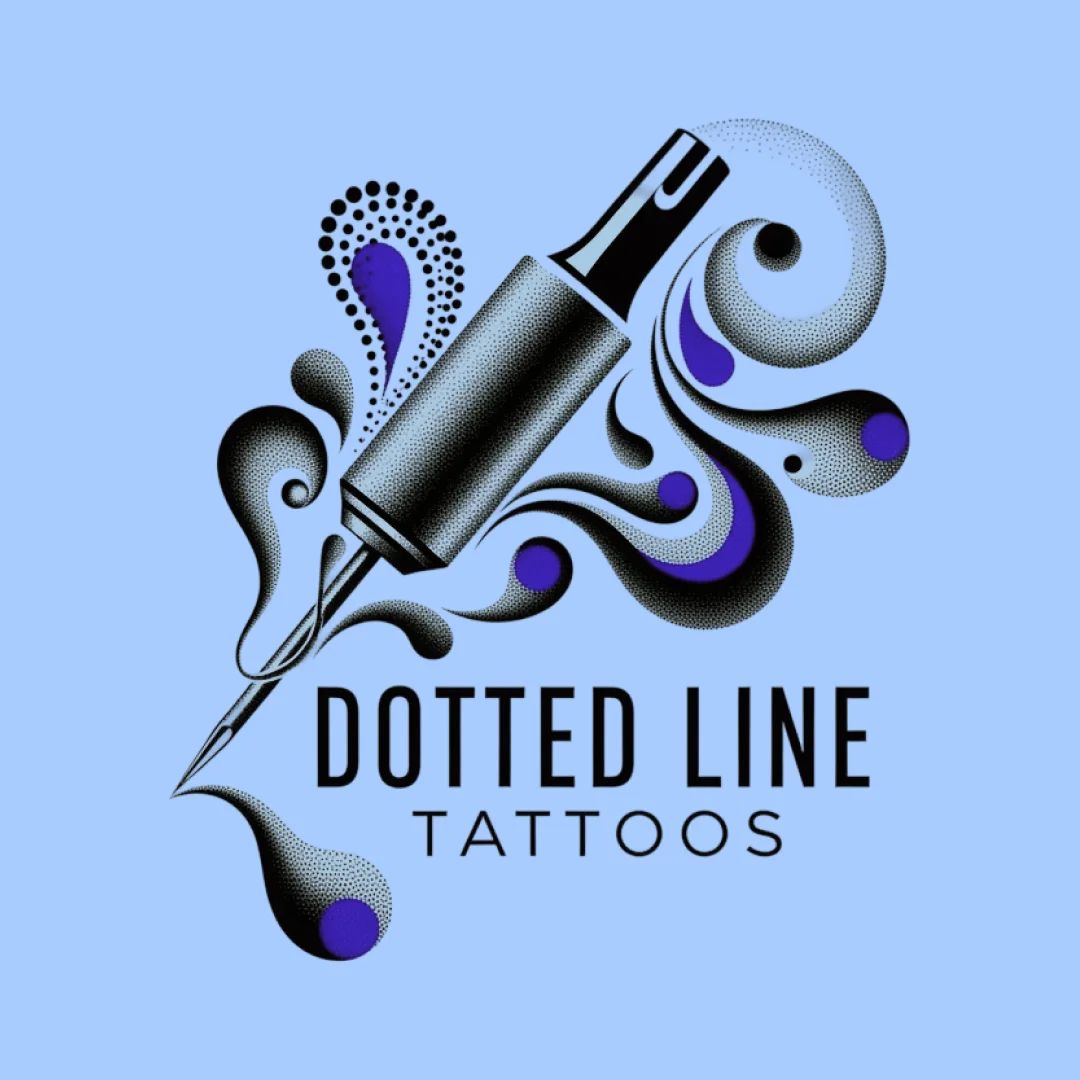 Logo mit stilisierter Tätowiermaschine und fließenden Punktmustern, dynamisch, kreativ und kunstvoll gestaltet.