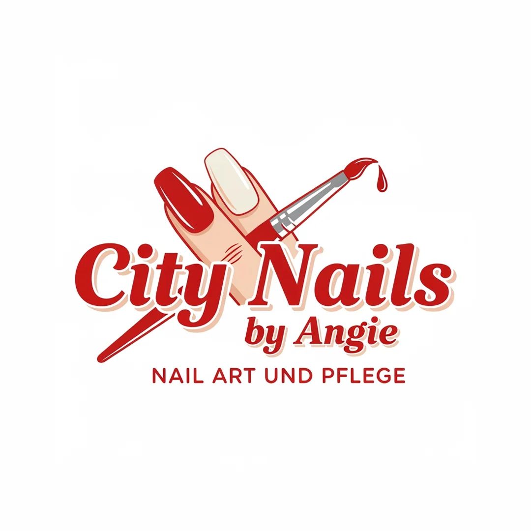 Logo mit lackierten Fingern und Pinsel, verspielt illustriert und klar auf Nagelpflege fokussiert.