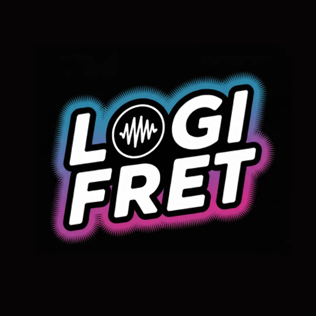 Kräftiges Wortlogo mit Soundwellen-Symbol und leuchtendem Farbverlauf, energiegeladen und audiobezogen.