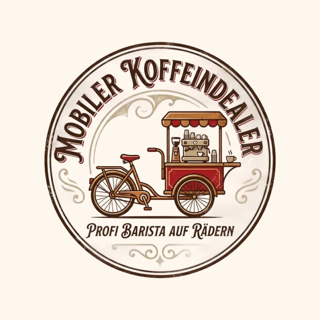 Rundes Vintage-Logo mit mobilem Kaffeewagen und Barista-Details, handgemacht und einladend gestaltet.