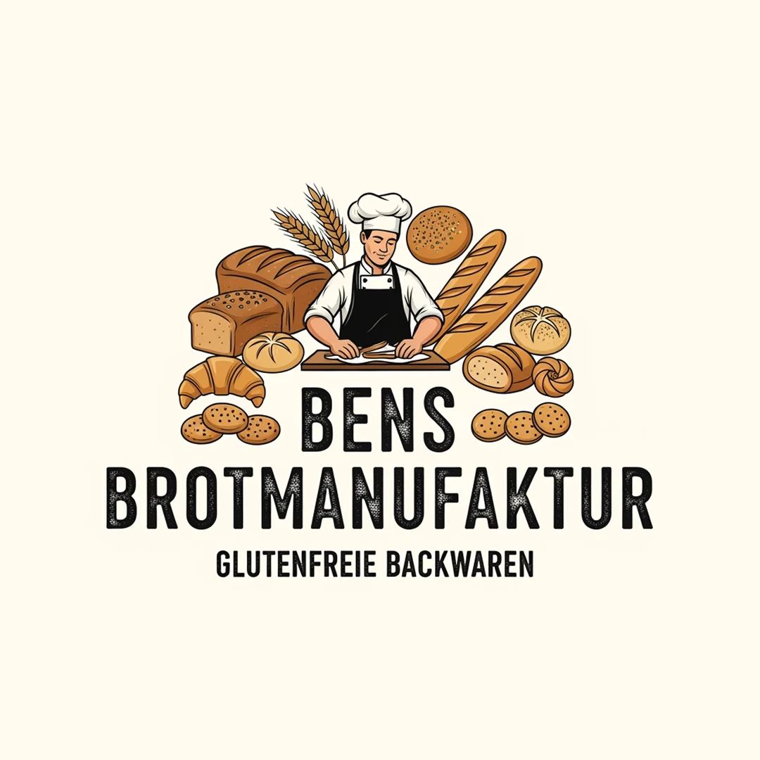 Logo mit einem Bäcker, verschiedenen Broten und Getreide, das handwerkliches glutenfreies Backen zeigt.
