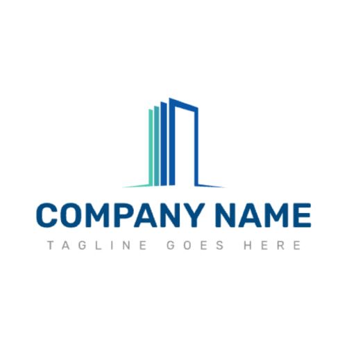 An example of a logo template for a construction company, featuring an abstract buildings icon in a stacked layout with a blue and green color palette.
