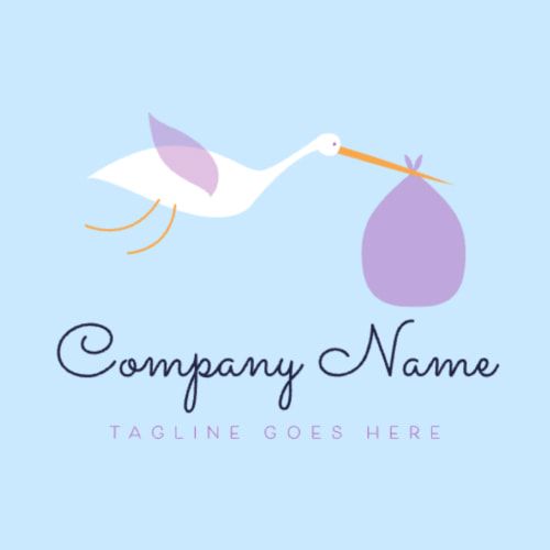 Exemple de modèle de logo pour un magasin de vente au détail de produits pour bébés où une cigogne est disposée verticalement sur une palette de couleurs bleue et violette.