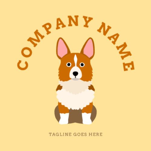 An example of a logo template for a pet grooming shop, featuring a dog icon underneath the company name text arch with a brown and yellow color palette.