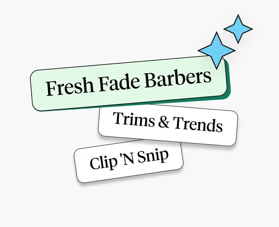 Graphic featuring three generated business name ideas for a barber shop