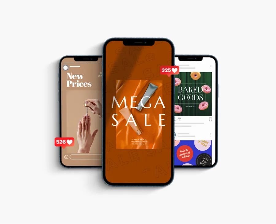 Smartphones displaying social media posts including 'Mega Sale,' 'New Prices,' and 'Baked Goods'.