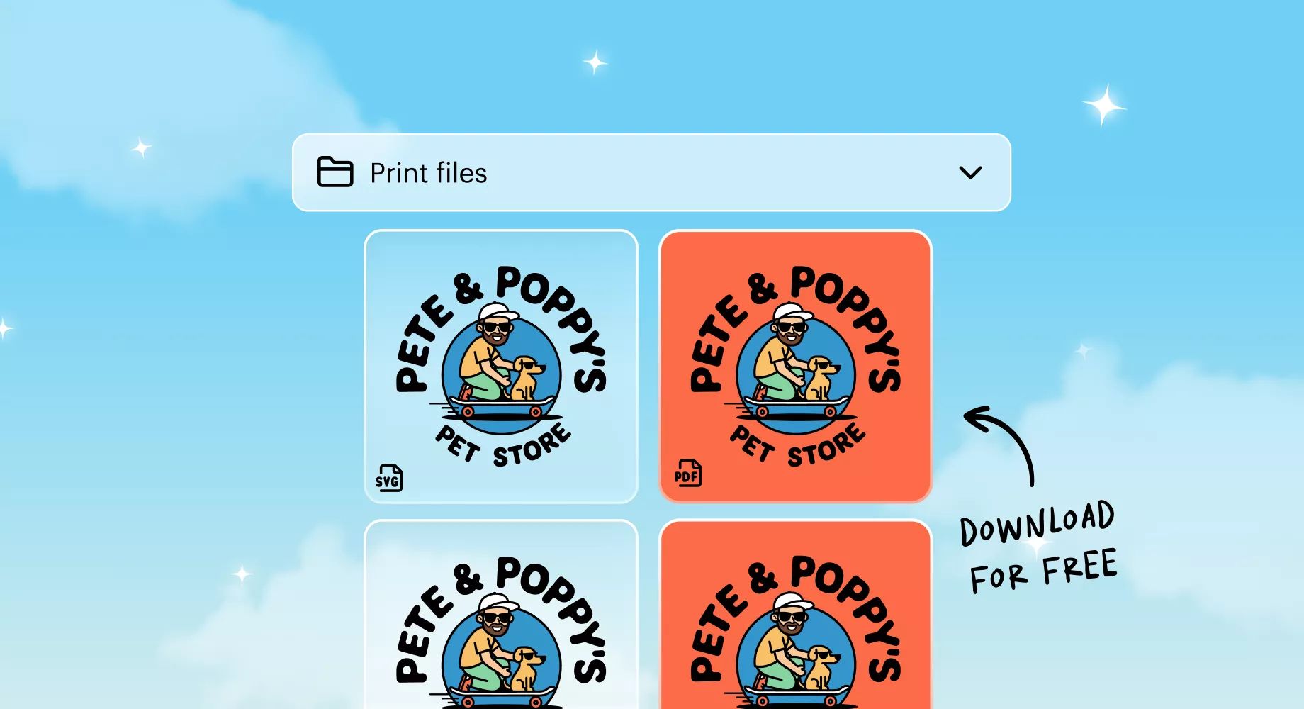 Multiple versions of a pet store logo shown in a print files panel to demonstrate free logo downloads in different formats.