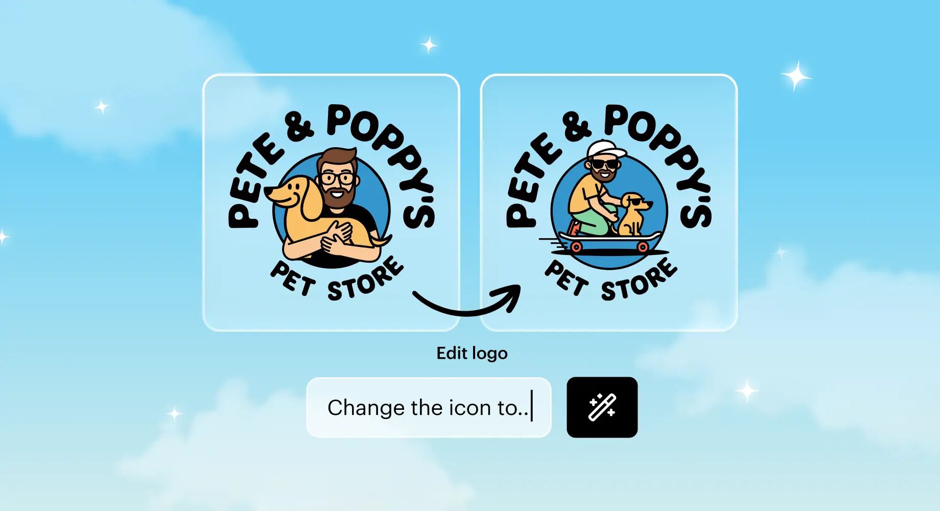 Two versions of a pet store logo displayed side by side to show how users can easily edit and change logo icons.