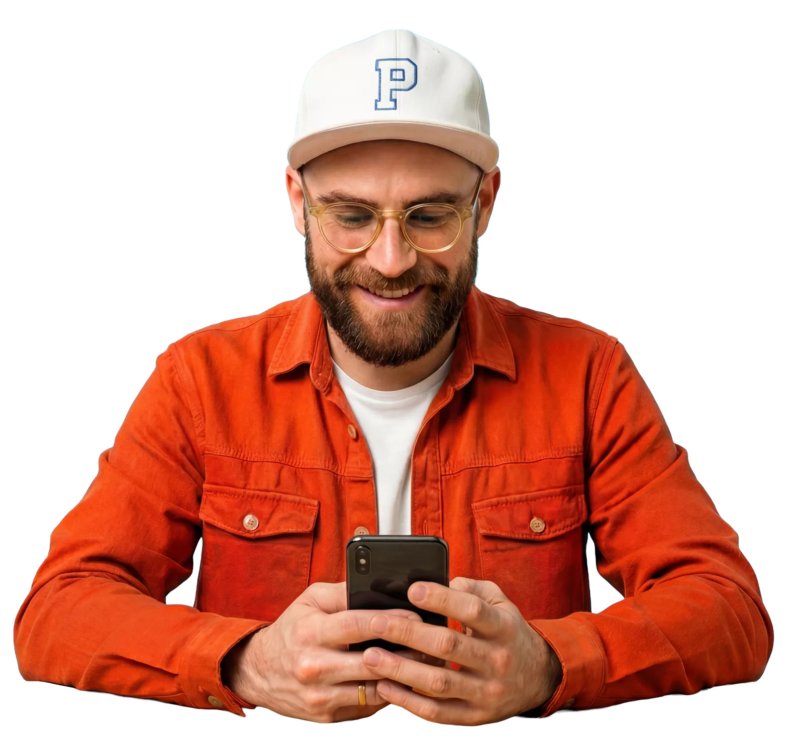 A man smiling at his phone while creating a pet store logo using VistaPrint's AI Logomaker, with floating pet-themed design elements around him.