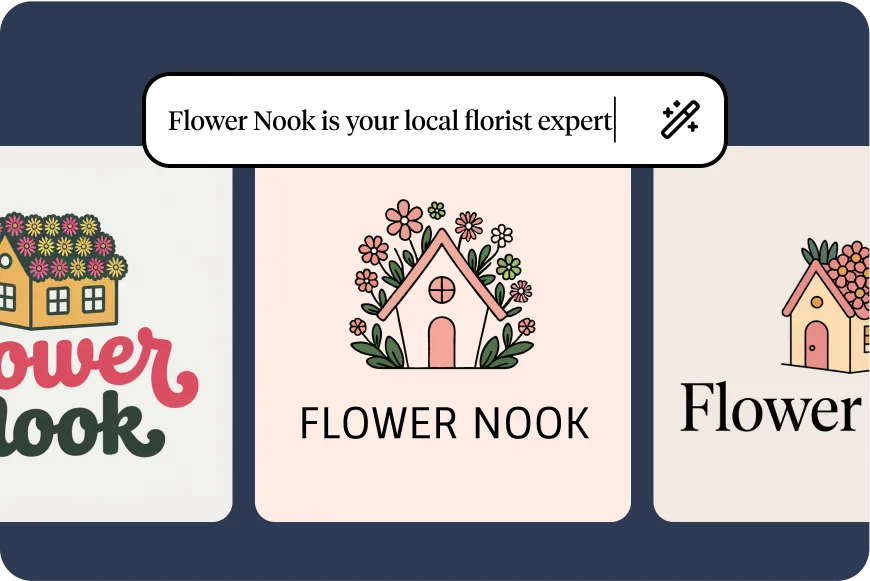 AI prompt showing three logo variations of floral house designs generated from the text "Flower Nook is your local florist expert".