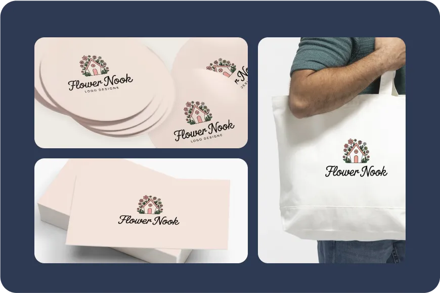 Flower Nook logo applied on stickers, business cards and a tote bag showcasing the logo in real-world applications.