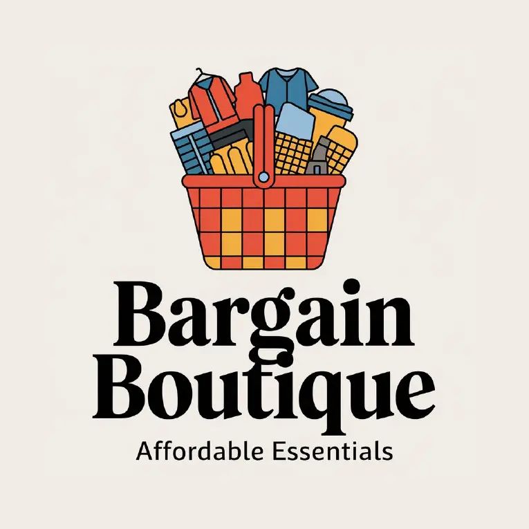 Logo for "Bargain Boutique" featuring a full shopping basket with tagline "Affordable Essentials".
