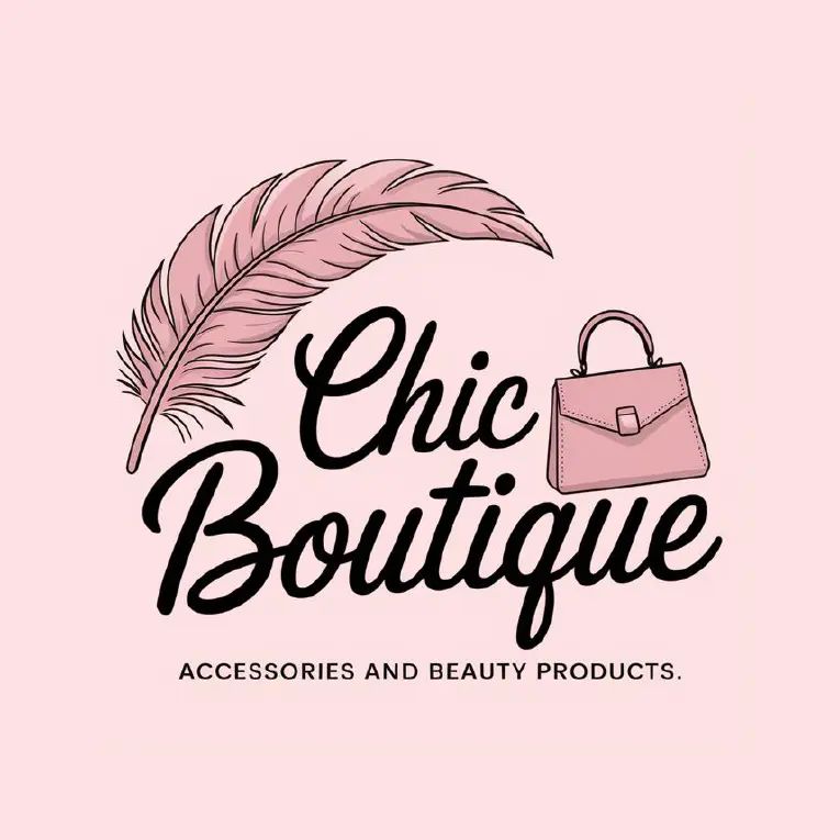 Logo for "Chic Boutique" featuring a handbag and feather in pink tones with tagline "Accessories and Beauty Products".