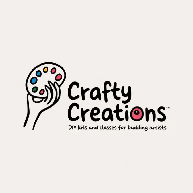 Logo of "Crafty Creations" featuring a hand holding an artists palette with tagline "DIY kits and classes for budding artists".