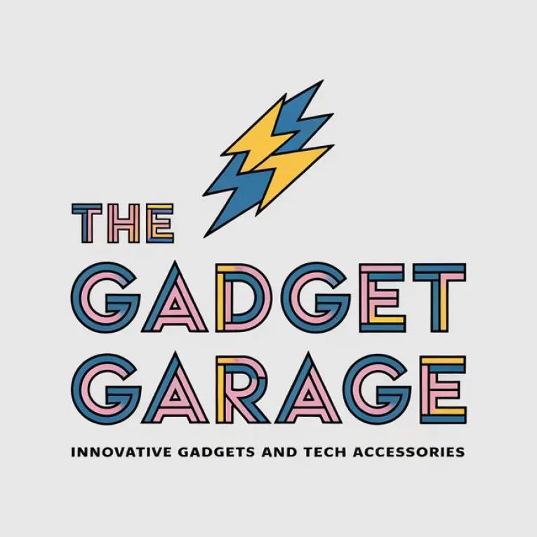 "The Gadget Garage" logo featuring blue and yellow lightning bolts with tagline "Innovative gadgets and tech accessories.