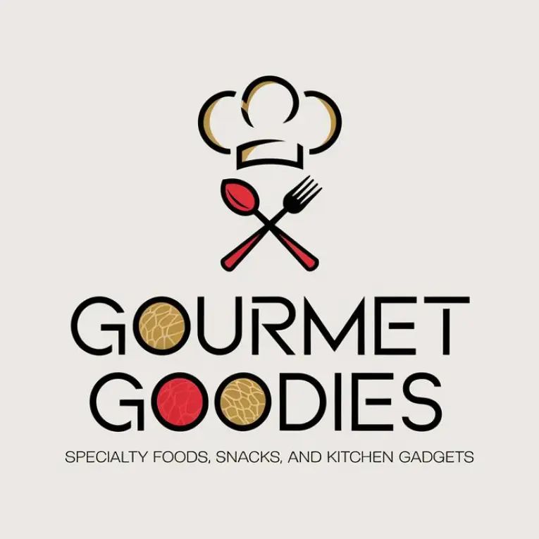 Logo design for "Gourmet Goodies" featuring a chefs hat and cutlery with tagline "Specialty foods, snacks and kitchen gadgets".