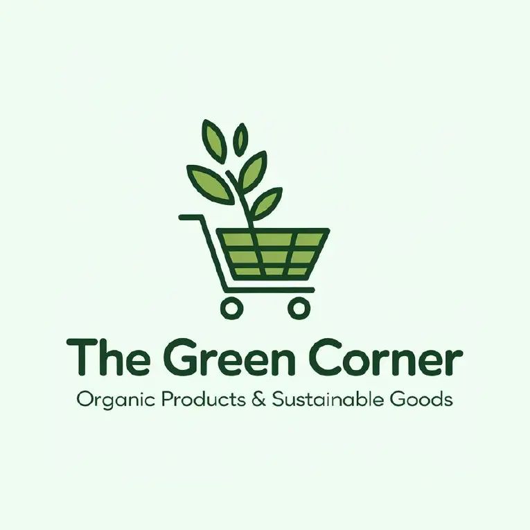Logo for "The Green Corner", featuring a stylised shopping cart sprouting green leaves with tagline "Organic Products & Sustainable Goods".