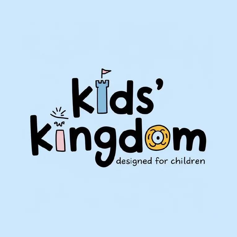Colorful logo of "Kids' Kingdom" featuring playful typography with tagline "Designed for children".
