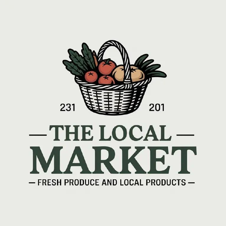 Logo for "The Local Market" featuring a woven basket filled with vegetables with tagline "Fresh product and local products".