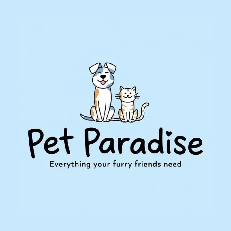Logo design for "Pet Paradise," featuring an illustration of a dog and a cat with tagline "Everything your fury friends need".