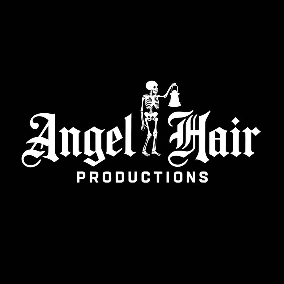 Logo of Angel Hair Productions with a gothic skeleton holding a hanging light, setting a dark, cinematic tone.