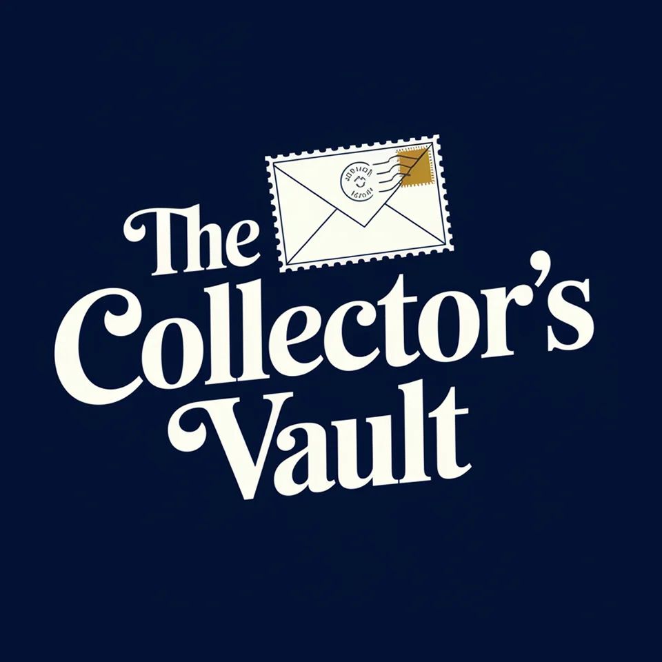 Logo of The Collector’s Vault with a stamped envelope above classic lettering, hinting at rare finds and treasures.