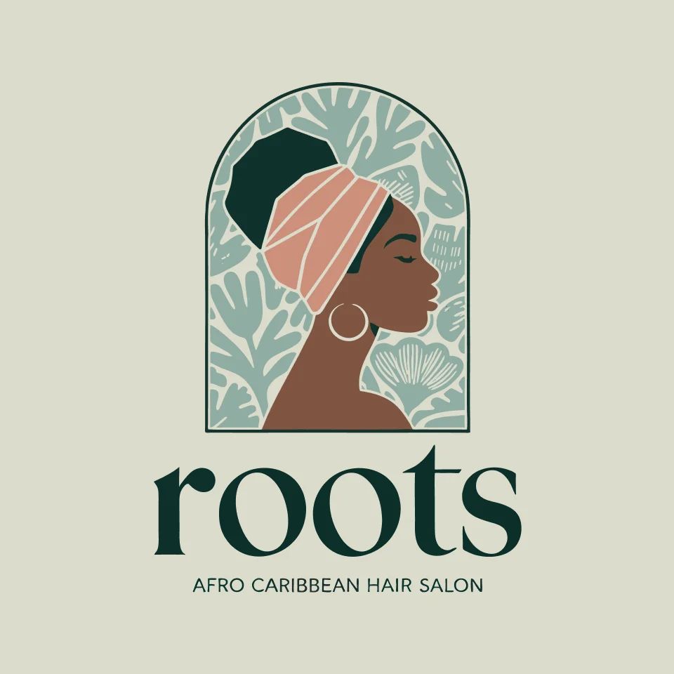 Logo of Roots Afro Caribbean Hair Salon with an elegant woman's profile in a head wrap inside an arched frame.